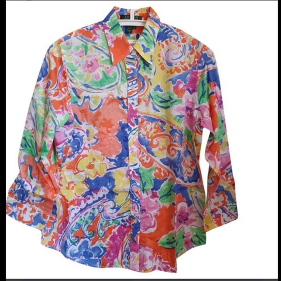 Ralph Lauren Tops - Ralph Lauren Vibrant Floral Blouse - Pink, Orange, Blue Stunning